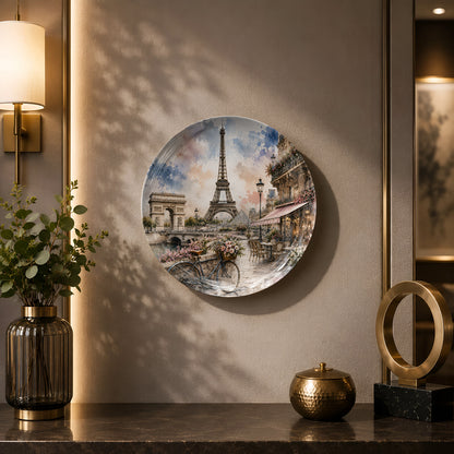 Glossy ceramic wall plate with watercolor artwork of the Eiffel Tower and Paris cafés.