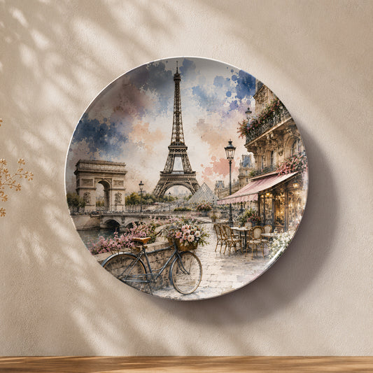 Parisian Romance ceramic wall plate featuring the Eiffel Tower and charming Parisian streets.