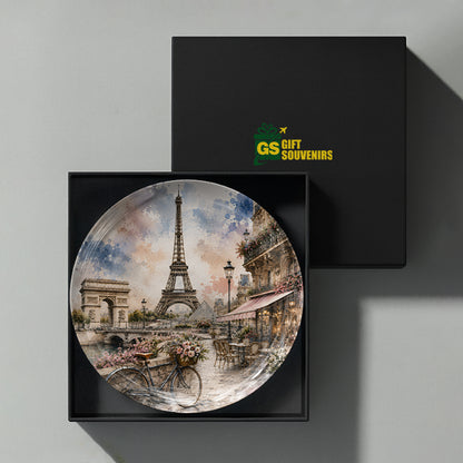 Parisian Romance ceramic wall plate inspired by the romance and charm of the Eiffel Tower and Paris.