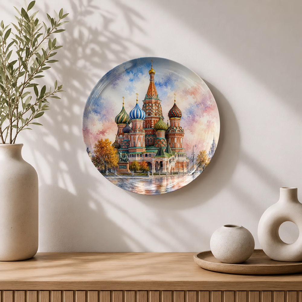 Crimson Cathedral ceramic wall plate featuring Saint Basil's Cathedral in Moscow, Russia.