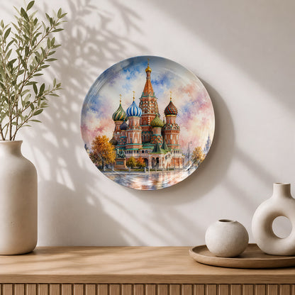 Crimson Cathedral ceramic wall plate featuring Saint Basil's Cathedral in Moscow, Russia.