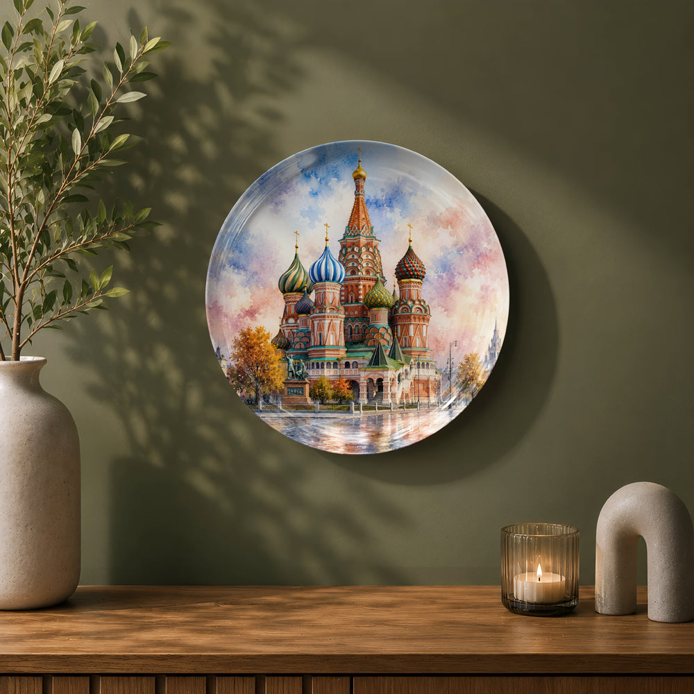 Premium ceramic wall plate showcasing the colourful domes of Saint Basil's Cathedral.