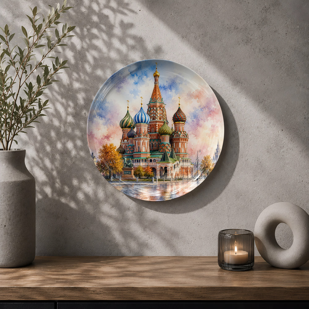 Moscow-inspired ceramic wall plate featuring the iconic Saint Basil's Cathedral in Red Square.