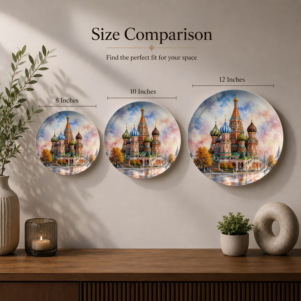 Decorative ceramic wall plate with artwork of Saint Basil's Cathedral and its vibrant onion domes.