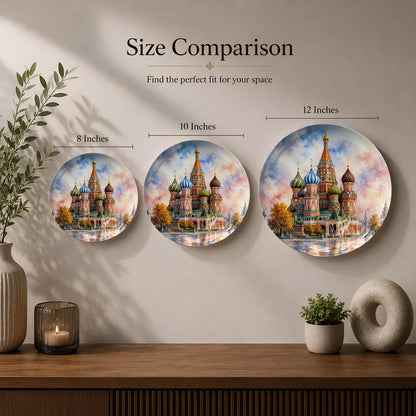 Decorative ceramic wall plate with artwork of Saint Basil's Cathedral and its vibrant onion domes.
