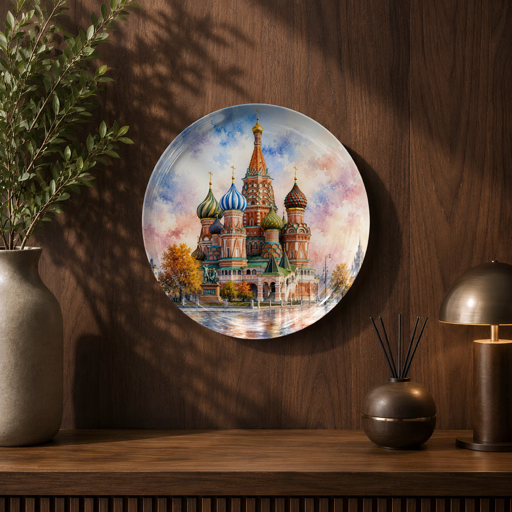 Global Classics Crimson Cathedral ceramic wall plate celebrating Russia's iconic architectural landmark.