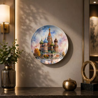 Glossy ceramic wall plate featuring the historic Saint Basil's Cathedral in Moscow.