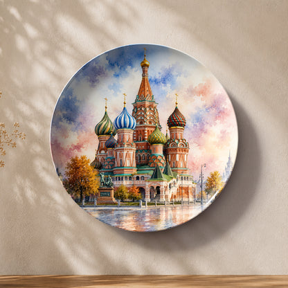 Russian landmark artwork printed on a premium ceramic wall plate with colourful cathedral domes.