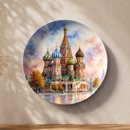 Russian landmark artwork printed on a premium ceramic wall plate with colourful cathedral domes.