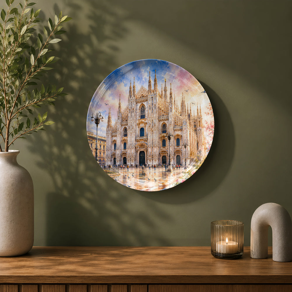 Milan-inspired ceramic wall plate featuring the historic Duomo di Milano in vibrant watercolor style.
