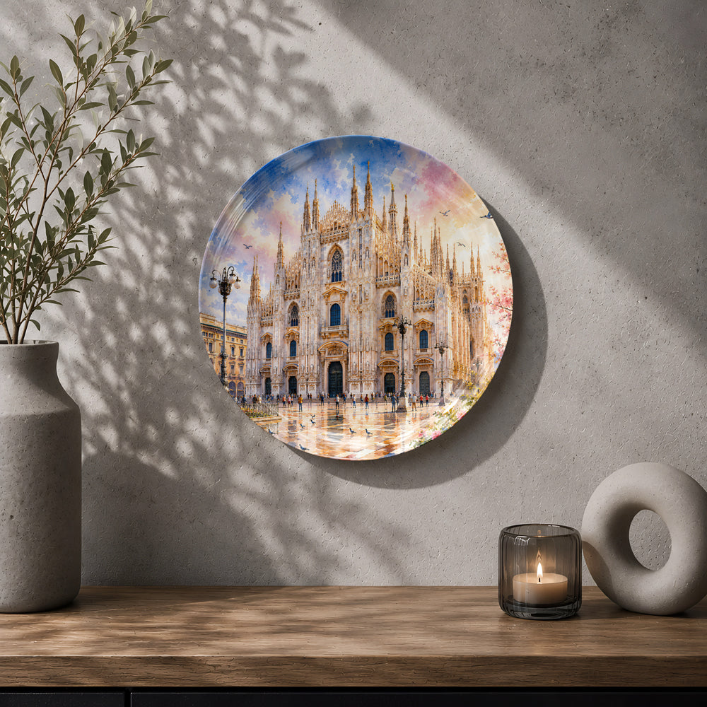 Decorative ceramic wall plate with artwork of the Duomo di Milano and Piazza del Duomo.