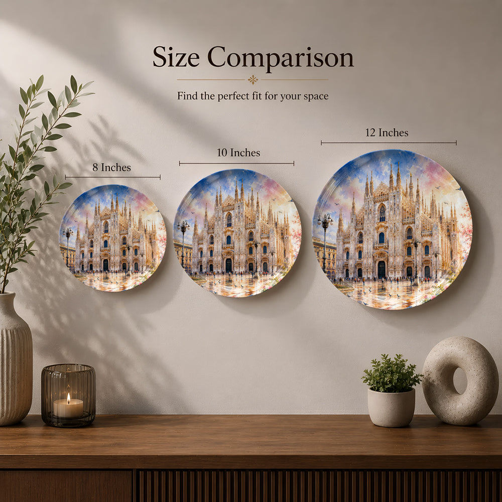 Italian landmark artwork printed on a premium ceramic wall plate featuring the Duomo di Milano.
