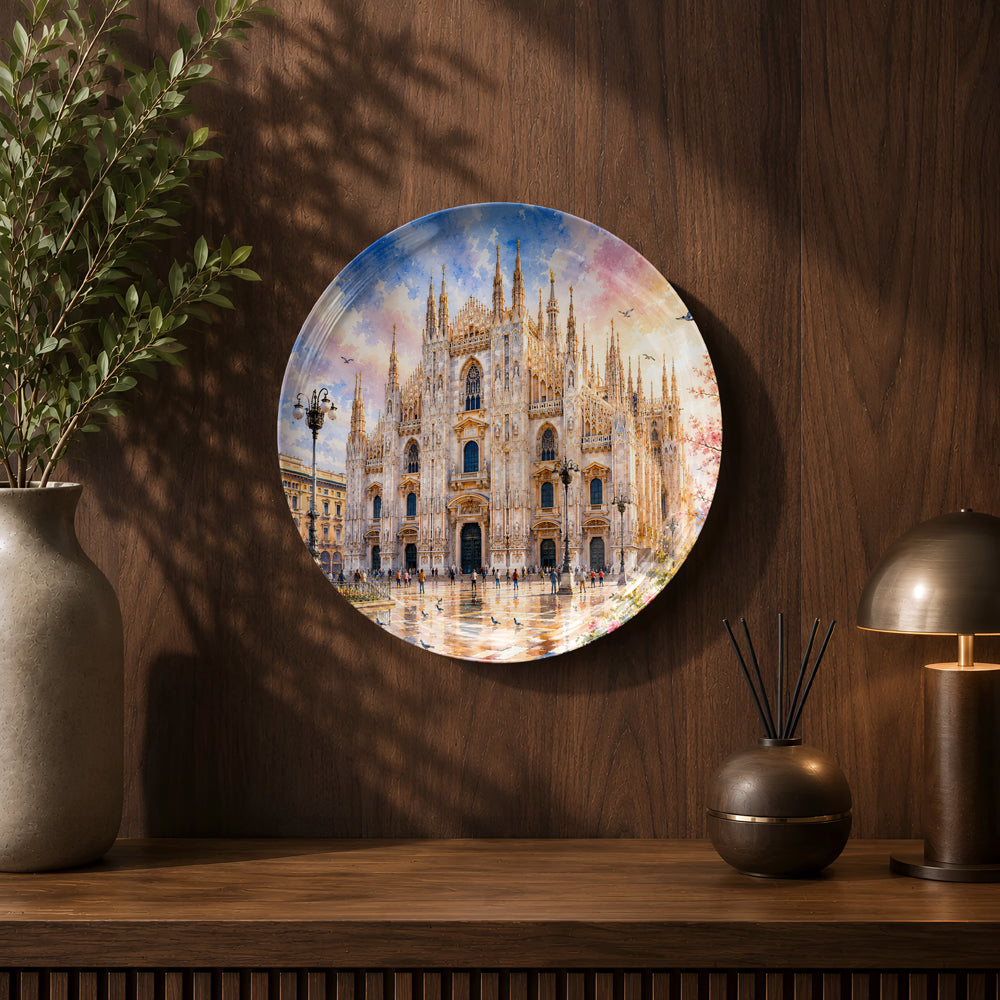 Global Classics Milan Majesty ceramic wall plate celebrating Italy's famous Gothic cathedral.