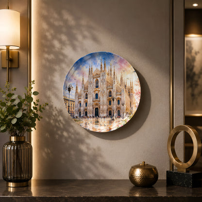 Glossy ceramic wall plate featuring the architectural beauty of Milan Cathedral.