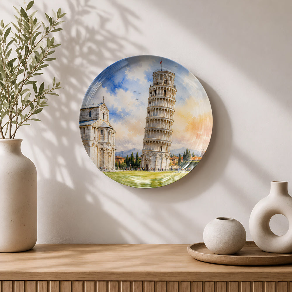 Tuscan Tilt ceramic wall plate featuring the iconic Leaning Tower of Pisa in Tuscany, Italy.