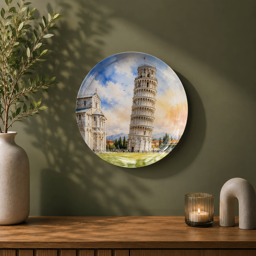 Premium ceramic wall plate showcasing the famous Leaning Tower of Pisa and Piazza dei Miracoli.