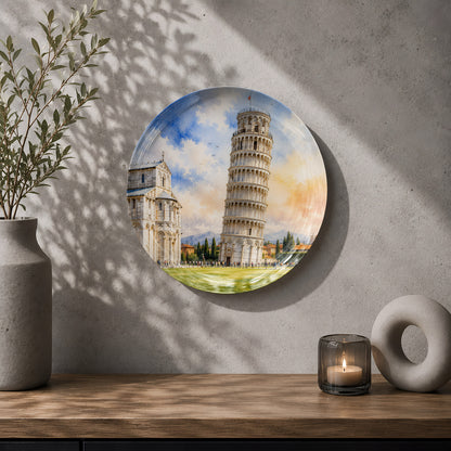 Tuscan Tilt ceramic wall plate inspired by the timeless beauty of the Leaning Tower of Pisa.
