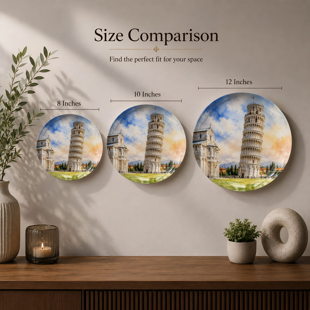 Pisa-inspired ceramic wall plate featuring the historic Leaning Tower in elegant watercolor style.
