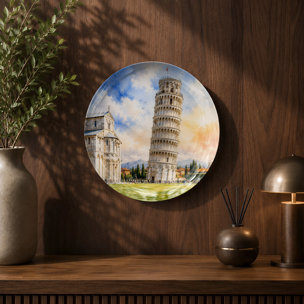 Decorative ceramic wall plate with artwork of the Leaning Tower of Pisa and surrounding cathedral.