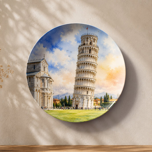 Glossy ceramic wall plate featuring the Leaning Tower of Pisa under a vibrant Tuscan sky.