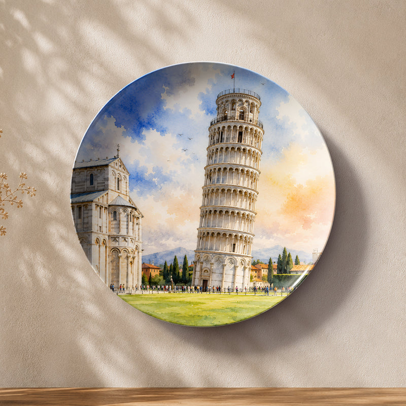 Glossy ceramic wall plate featuring the Leaning Tower of Pisa under a vibrant Tuscan sky.