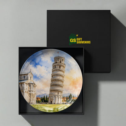 Italian landmark artwork printed on a premium ceramic wall plate featuring the Leaning Tower of Pisa.