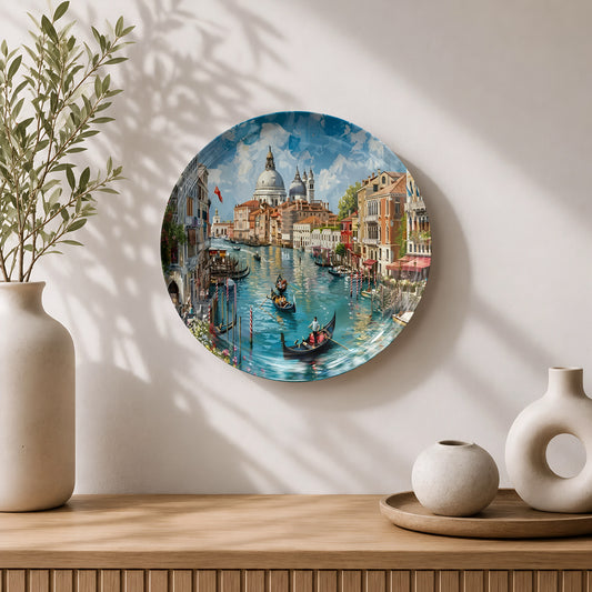Premium ceramic wall plate with a vibrant Venice canal painting and iconic gondolas