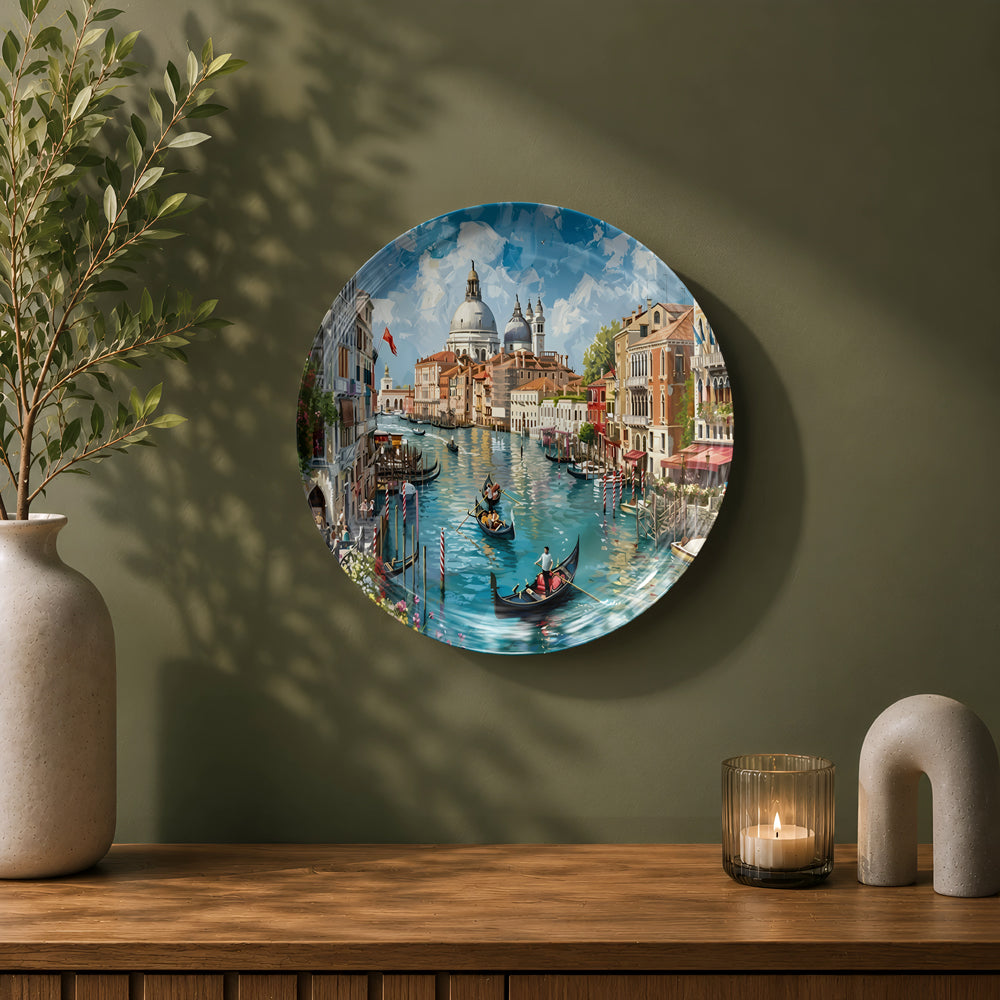 Italian cityscape ceramic wall plate with colourful waterfront buildings and gondolas