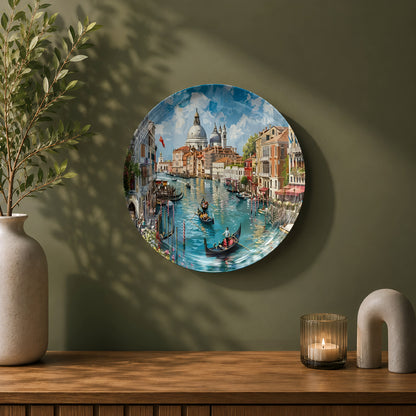 Italian cityscape ceramic wall plate with colourful waterfront buildings and gondolas