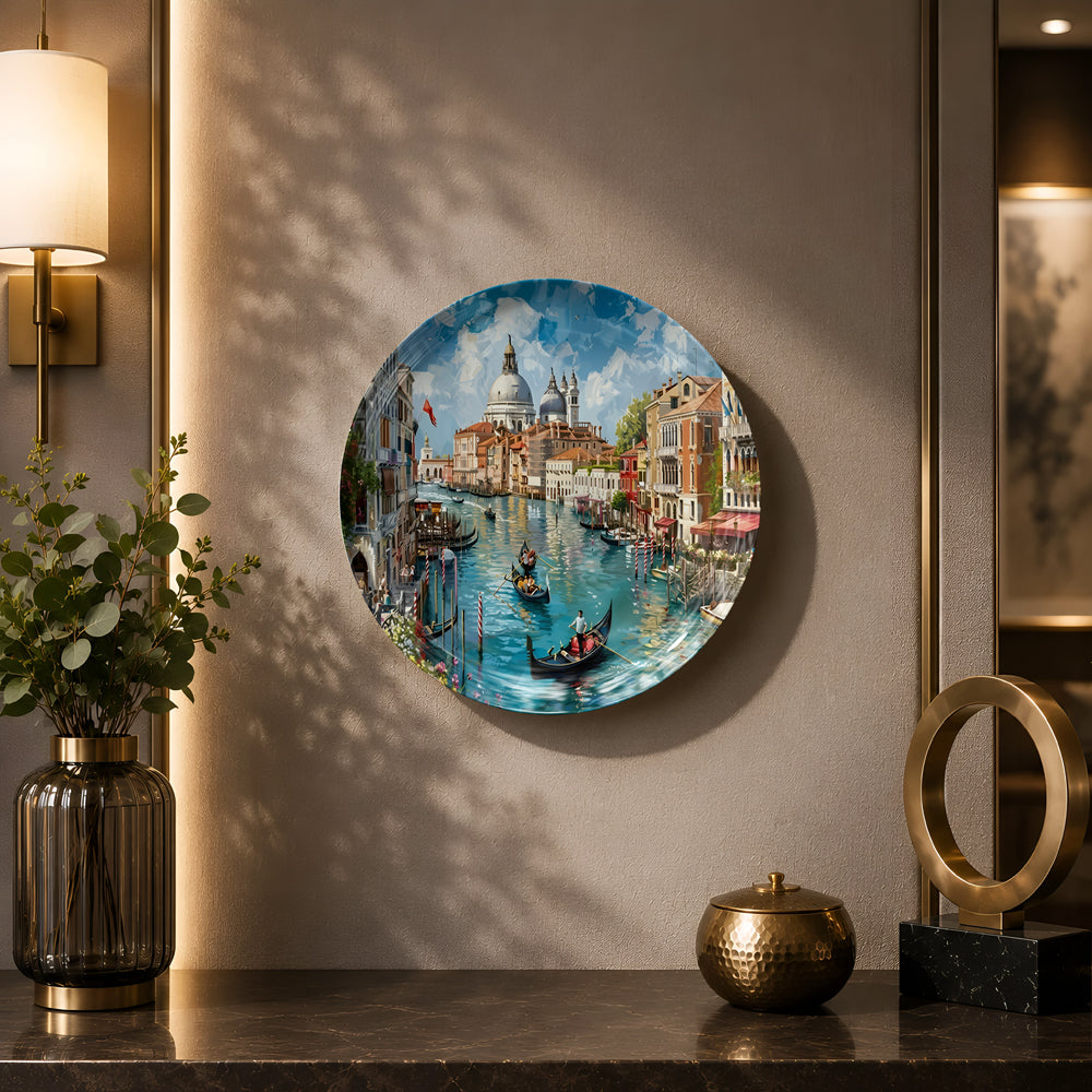 Decorative ceramic wall plate featuring a picturesque Venice waterscape with gondolas
