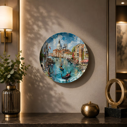 Decorative ceramic wall plate featuring a picturesque Venice waterscape with gondolas