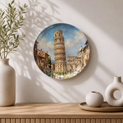 Leaning Legacy ceramic wall plate featuring the iconic Leaning Tower of Pisa in Italy.
