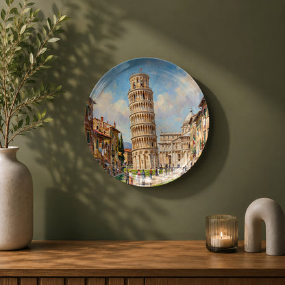 Premium ceramic wall plate with a beautiful painting of the Leaning Tower of Pisa.