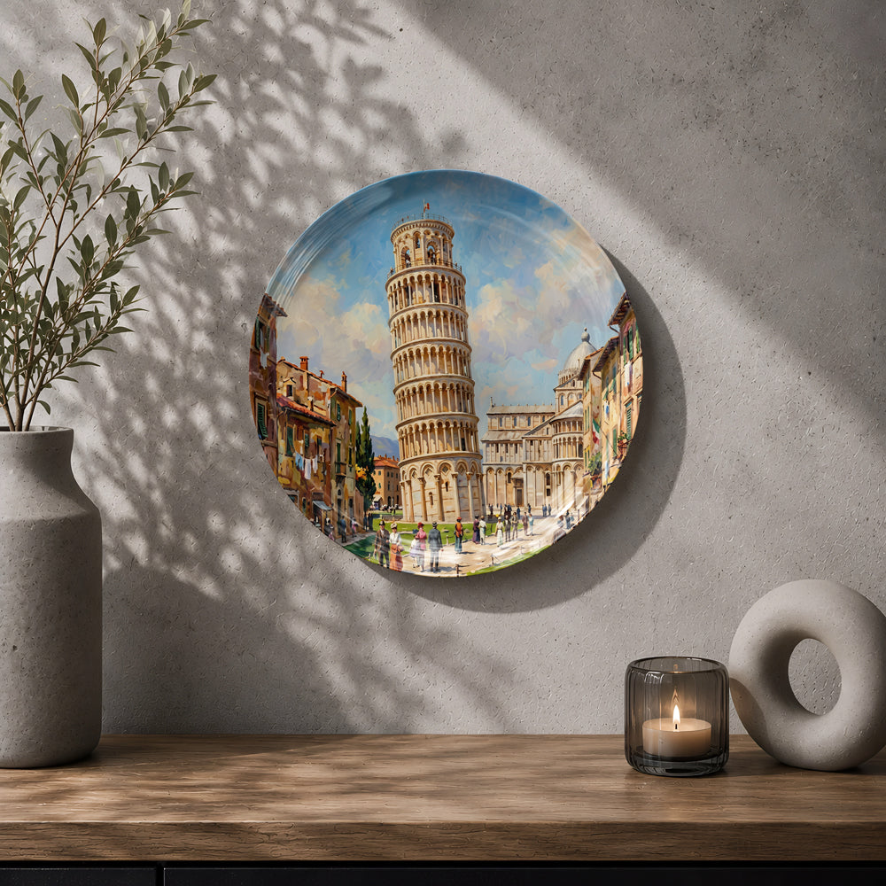 Pisa-inspired ceramic wall plate showcasing the famous Leaning Tower and historic architecture.