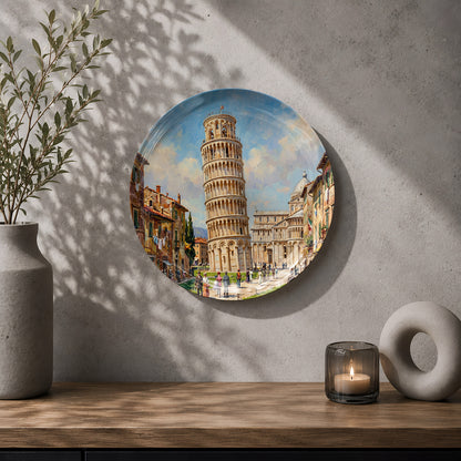 Pisa-inspired ceramic wall plate showcasing the famous Leaning Tower and historic architecture.