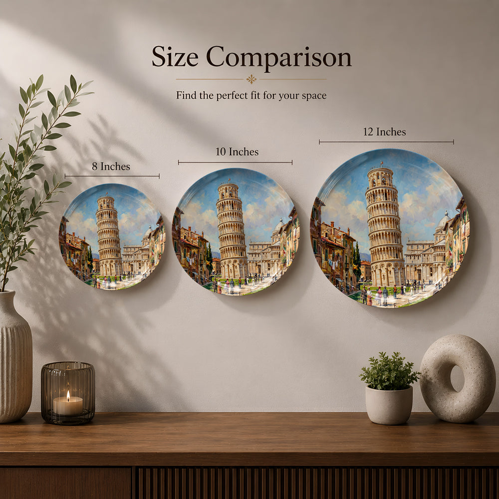 Italian landmark ceramic wall plate featuring the Leaning Tower of Pisa and Piazza dei Miracoli.