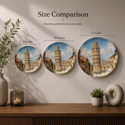 Italian landmark ceramic wall plate featuring the Leaning Tower of Pisa and Piazza dei Miracoli.