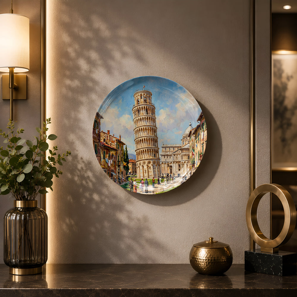 Decorative ceramic wall plate featuring the world-famous Leaning Tower of Pisa.