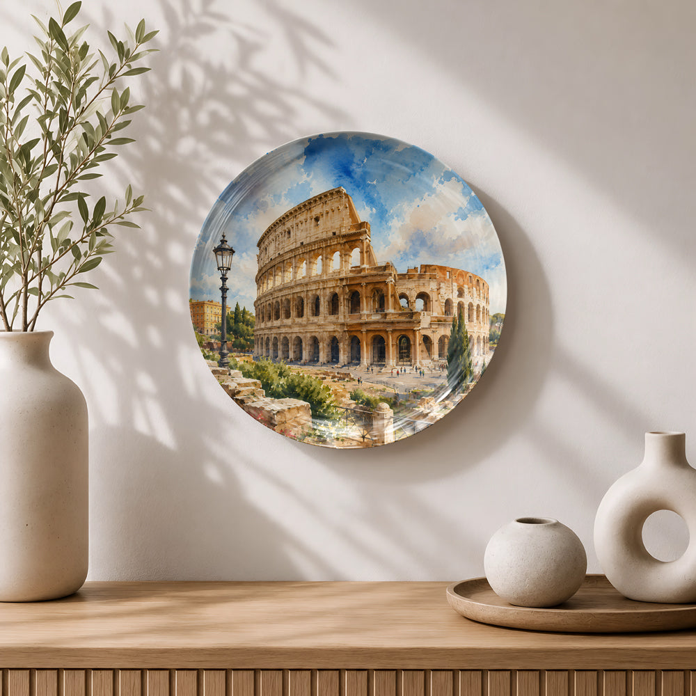 Premium ceramic wall plate with a painterly illustration of the Roman Colosseum.