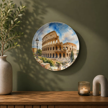 Rome-inspired ceramic wall plate showcasing the historic Colosseum under a blue sky.