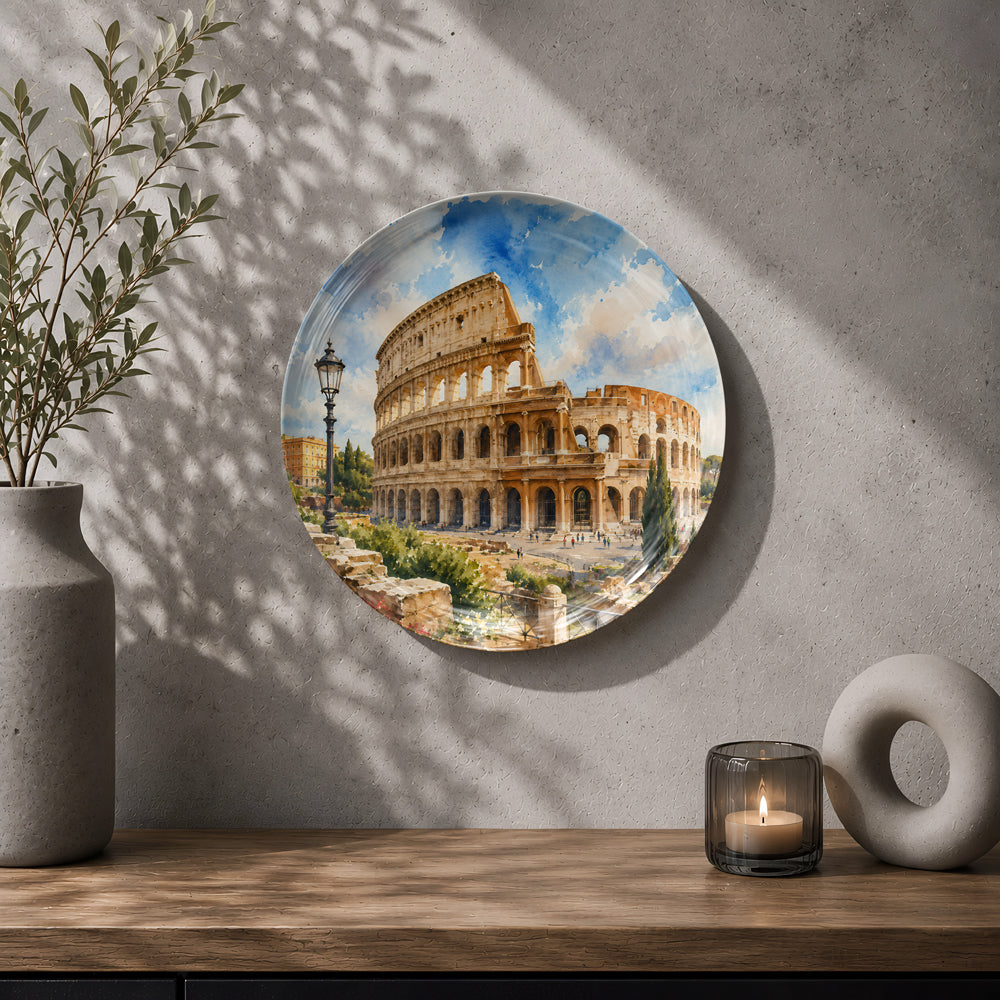 Decorative ceramic wall plate featuring the ancient Colosseum and classical Roman architecture.