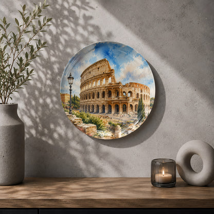 Decorative ceramic wall plate featuring the ancient Colosseum and classical Roman architecture.
