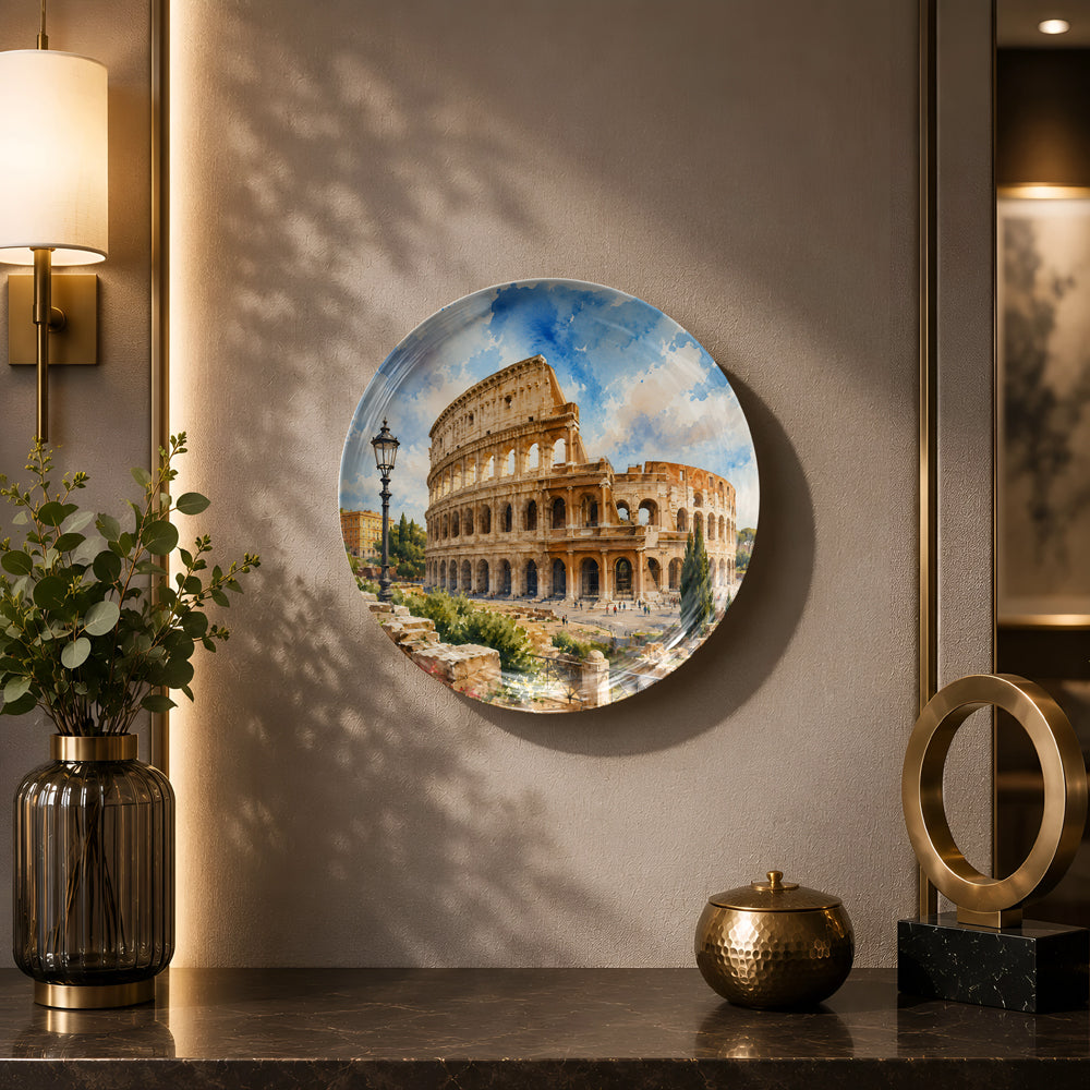 Glossy ceramic wall plate with detailed artwork of the famous Roman Colosseum.