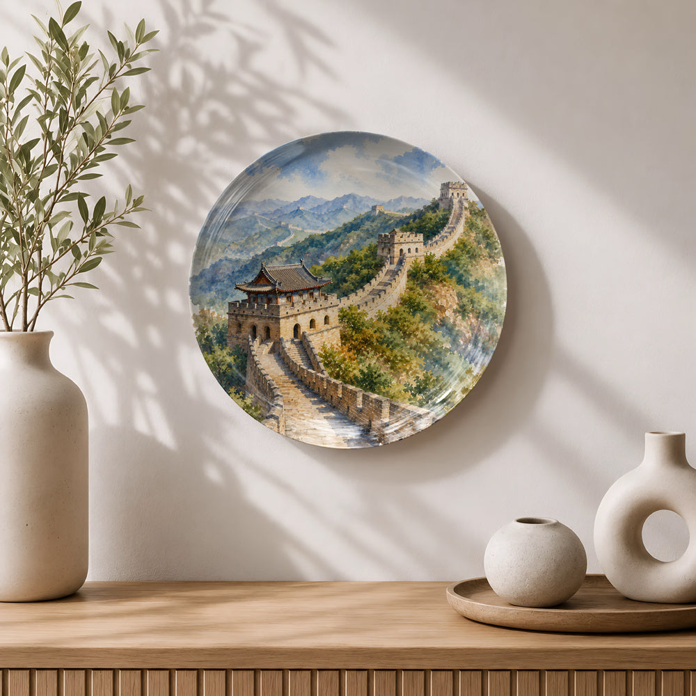Premium ceramic wall plate with a scenic painting of the Great Wall of China.