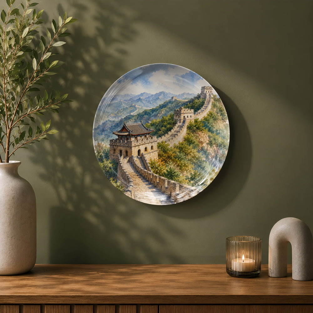 Great Wall of China ceramic wall plate showcasing historic watchtowers and rolling hills.