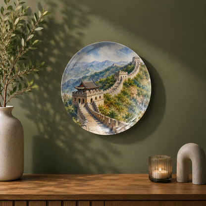 Great Wall of China ceramic wall plate showcasing historic watchtowers and rolling hills.