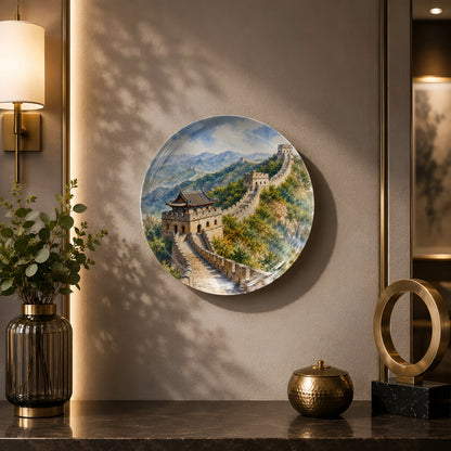 Glossy ceramic wall plate featuring the Great Wall stretching through majestic mountain scenery.