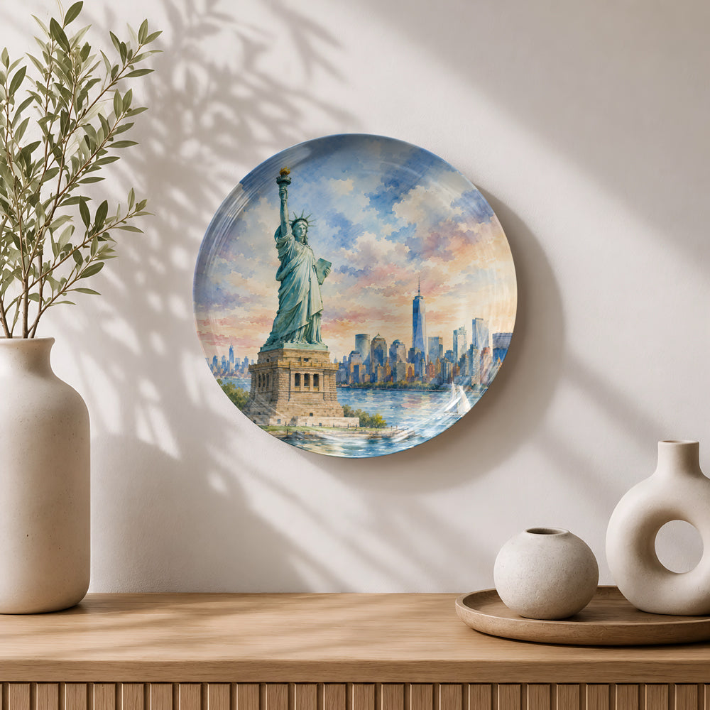 Premium ceramic wall plate showcasing the iconic Statue of Liberty at sunrise.