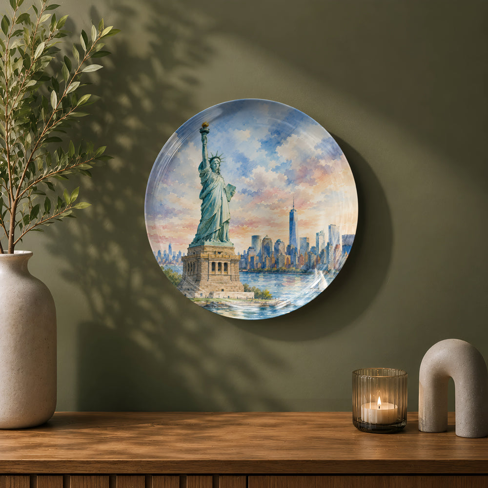 New York-inspired ceramic wall plate with the Statue of Liberty and Manhattan skyline.