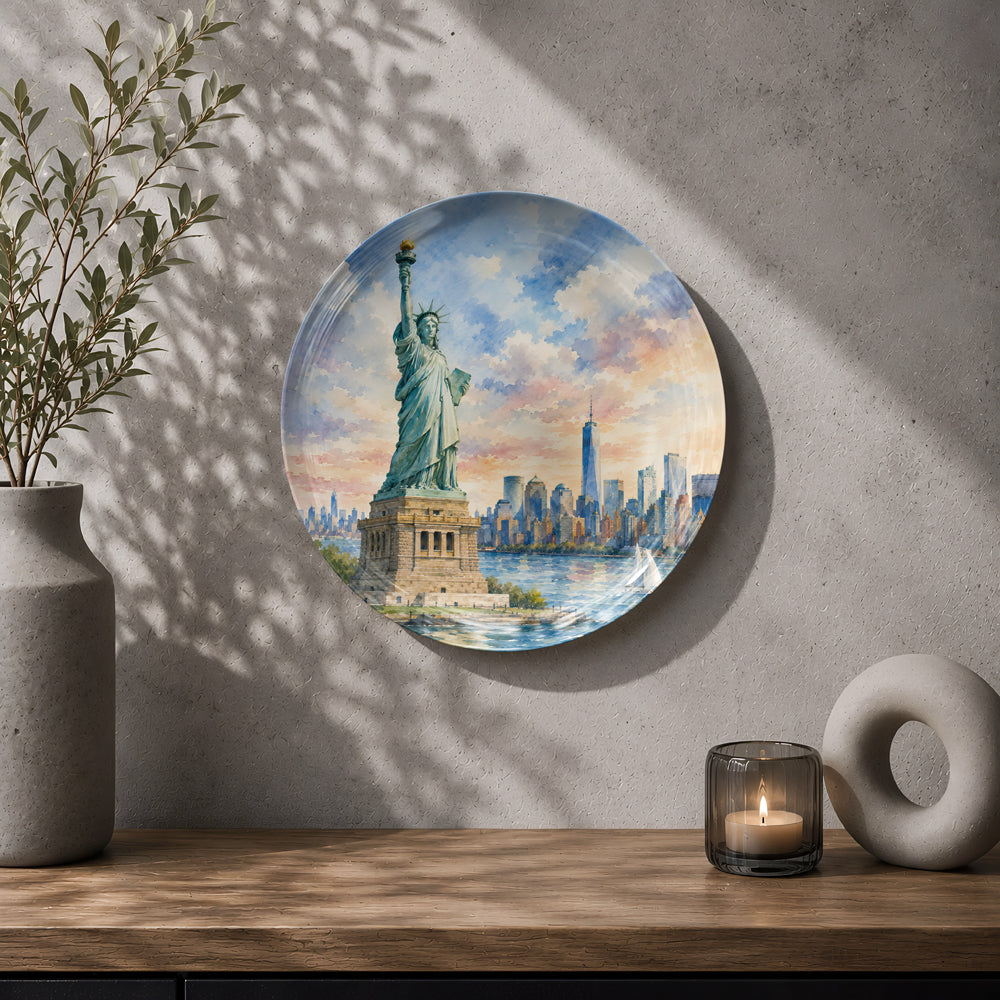 Decorative ceramic wall plate featuring the Statue of Liberty and One World Trade Center.